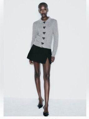 Zara Gray Knit Sparkly Bow Button Cardigan soft lightweight